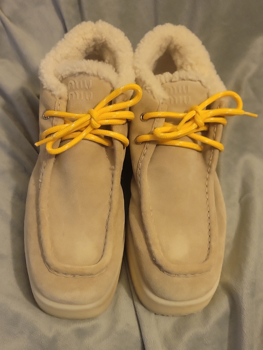 Miu Miu Beige Shearling-Trim Lace-Up Boots with Yellow Laces